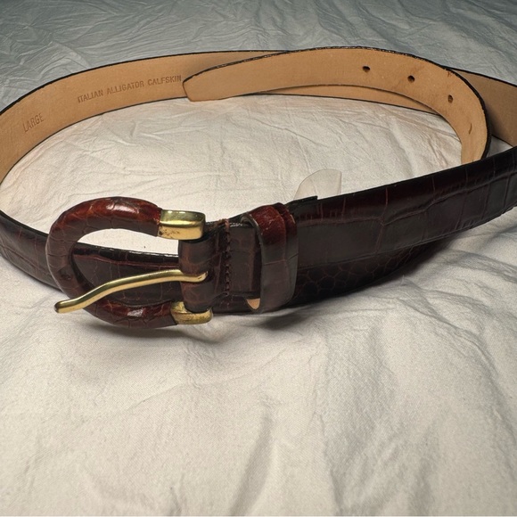 Calvin Klein Brown Crocodile Embossed Leather Belt with Gold Buckle | Size Large - Picture 1 of 6